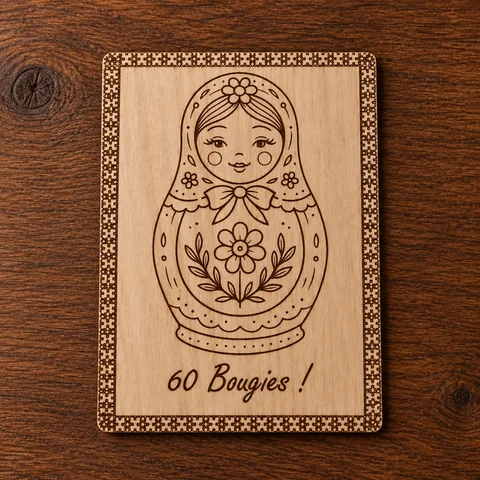 Carte d’anniversaire en bois gravée d’une poupée russe