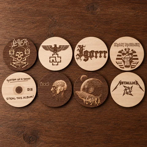 Collection de dessous de verre en bois gravés sur le thème de la musique