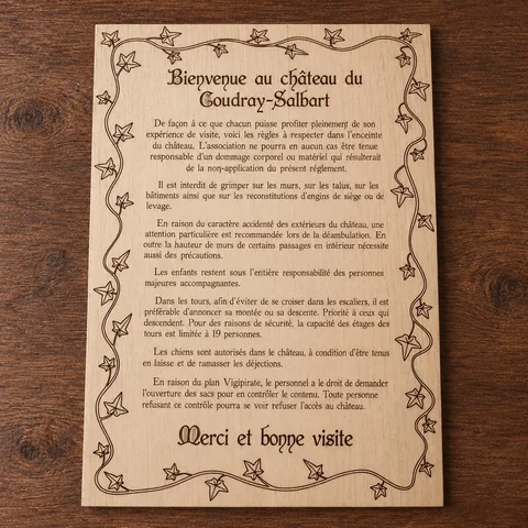 Grande plaque d’accueil en bois finement gravée
