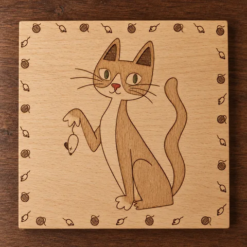 Plaque décorative en bois gravée d’un chat