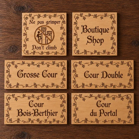 Plaques de signalétique en bois gravées au laser
